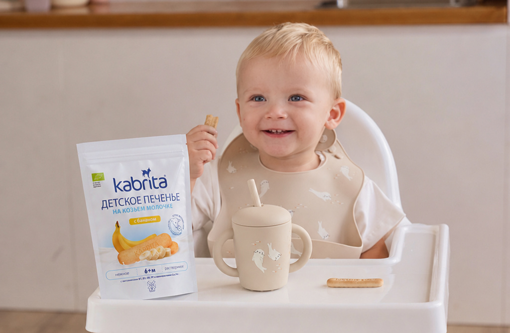 Малыш сидит в детском стульчике с печеньем Kabrita на козьем молоке