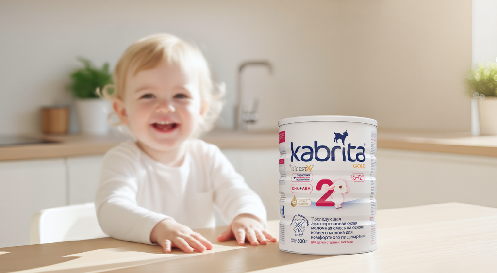 Счастливый малыш рядом с банкой адаптированной молочной смеси Kabrita Gold 2 на основе козьего молока