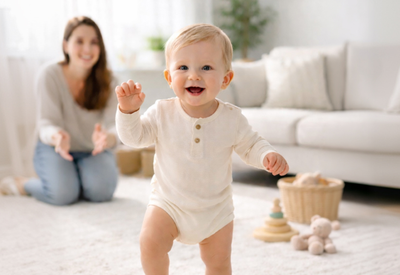 Ребёнок делает первые шаги, улыбается маме — иллюстрация скачка роста и развития у малыша