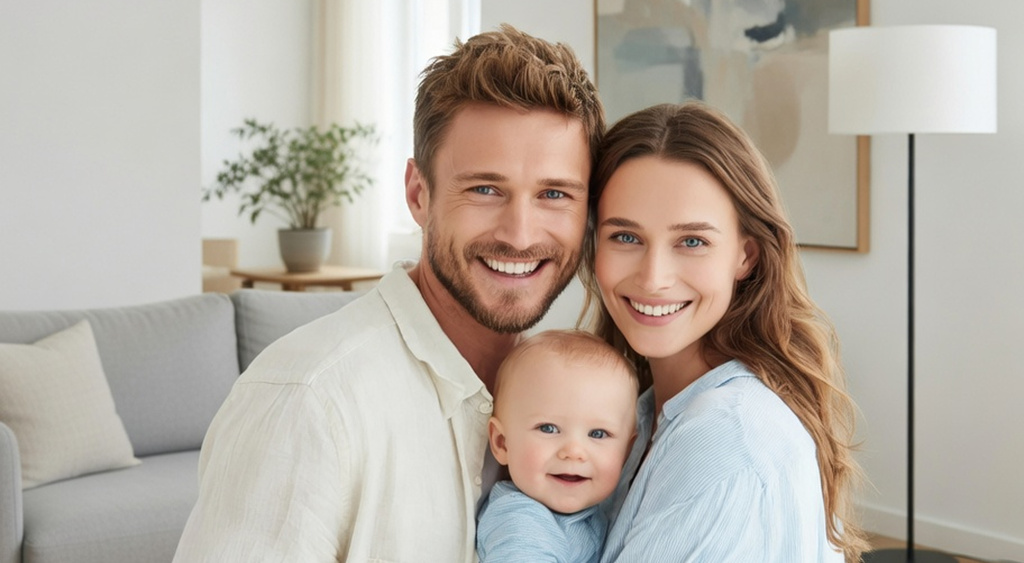 Улыбающиеся родители с малышом. Государственная поддержка материнским капиталом и акция Kabrita® для молодых семей в 2026 году